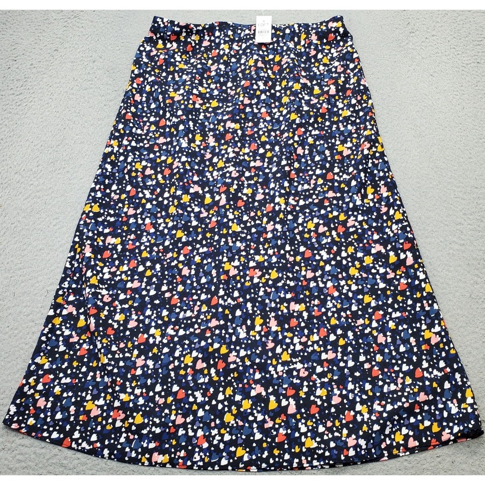 LOFT A-Line Midi Skirt Womens Medium Multi Heart Print Elastic Waist Pull-On